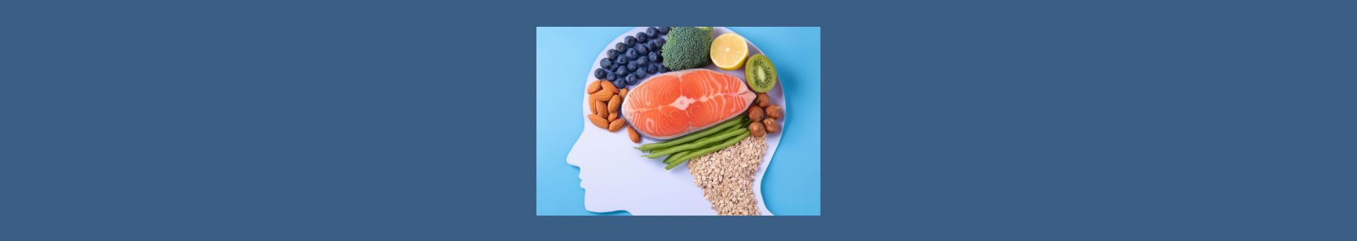 Creating A Balanced Diet For Improved Mental Health Creating A Balanced Diet For Improved Mental Health (2). Blue background, light blue square in center. Light colored outline of human head, with nuts, blueberries, lemon, lime, fish, asparagus etc inside.