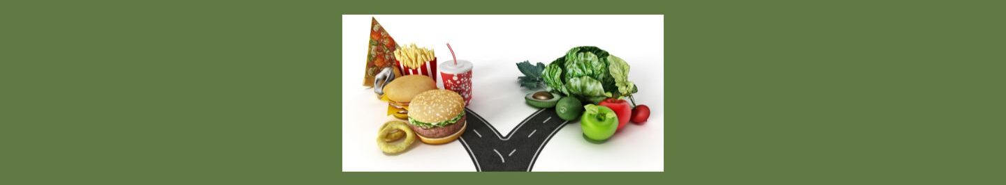 How To Manage Cravings While Dieting Effectively (2).
Green background,  a graphic of a road splitting in half, going left is hamburgers, soft drink cup, fries, pizza. Going to the right, apples, lettuce etc. 