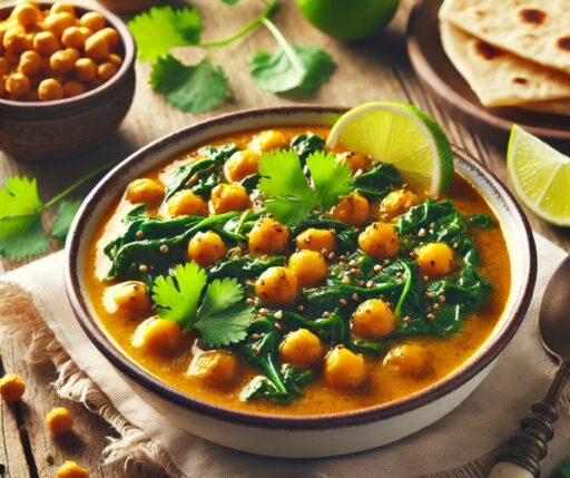 Chickpea and Spinach Curry in a white bowl, on a wood table, white linen placemat, a bowl of chick peas and a plate of pita in the background.