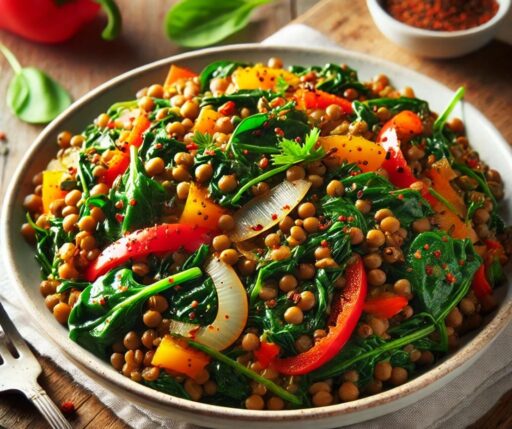 White bowl of High-Protein Lentil & Spinach Stir-Fry, partial silver fork on the bottom left, and part of a red pepper with stem, and a small white bowl of lentils above.