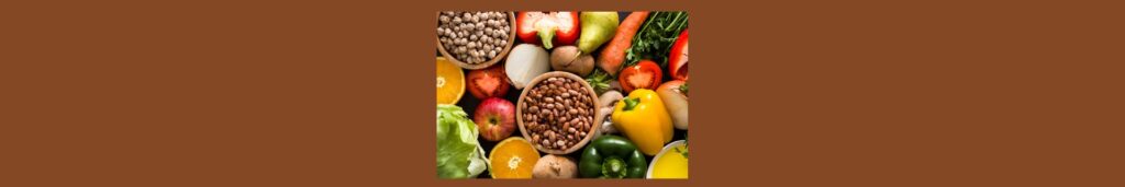 The Mediterranean Diet.
Medium brown background. Assorted fruits, vegetables, grains.