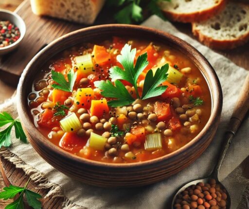 Vegan Lentil and Vegetable Soup in a brown bowl on top of a white linen placemat, on a wood table. Long brown spoon full of day lentils in the foreground. Bread, a white bowl in the background.