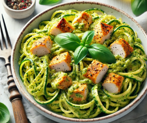 Bowl of Zucchini Noodles with Avocado Pesto and Chicken, brown handle for, to the left.