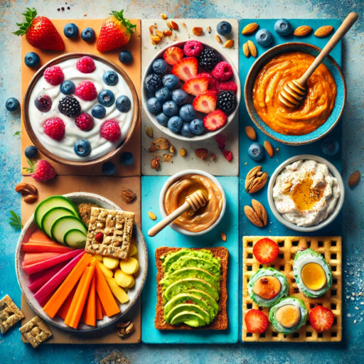 6 Simple and Nutritious Snack Ideas to Boost Your Mental Health 6 squares with ingredients for: 1.Greek Yogurt with Mixed Berries and Honey 2.Almond Butter on Wholegrain Toast 3.Hummus and Carrot Sticks 4. Trail Mix 5. Cottage Cheese and Pineapple 6. Avocado and Tomato on Crispbread