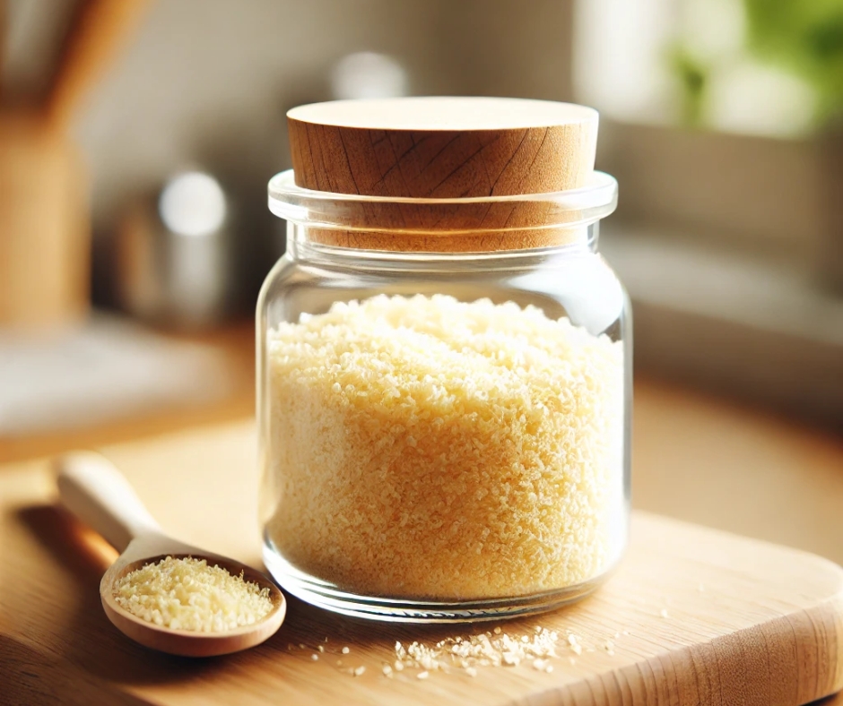 Cashew-Based Parmesan Substitute. Light block of wood, clear class jar with wood topper, grated cashews, a small wooden spoon full of grated cashews.